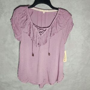 Rewind Juniors' Ruffle Lace Up V-Neckline Top Stylish Delicate Ruffle Detailing